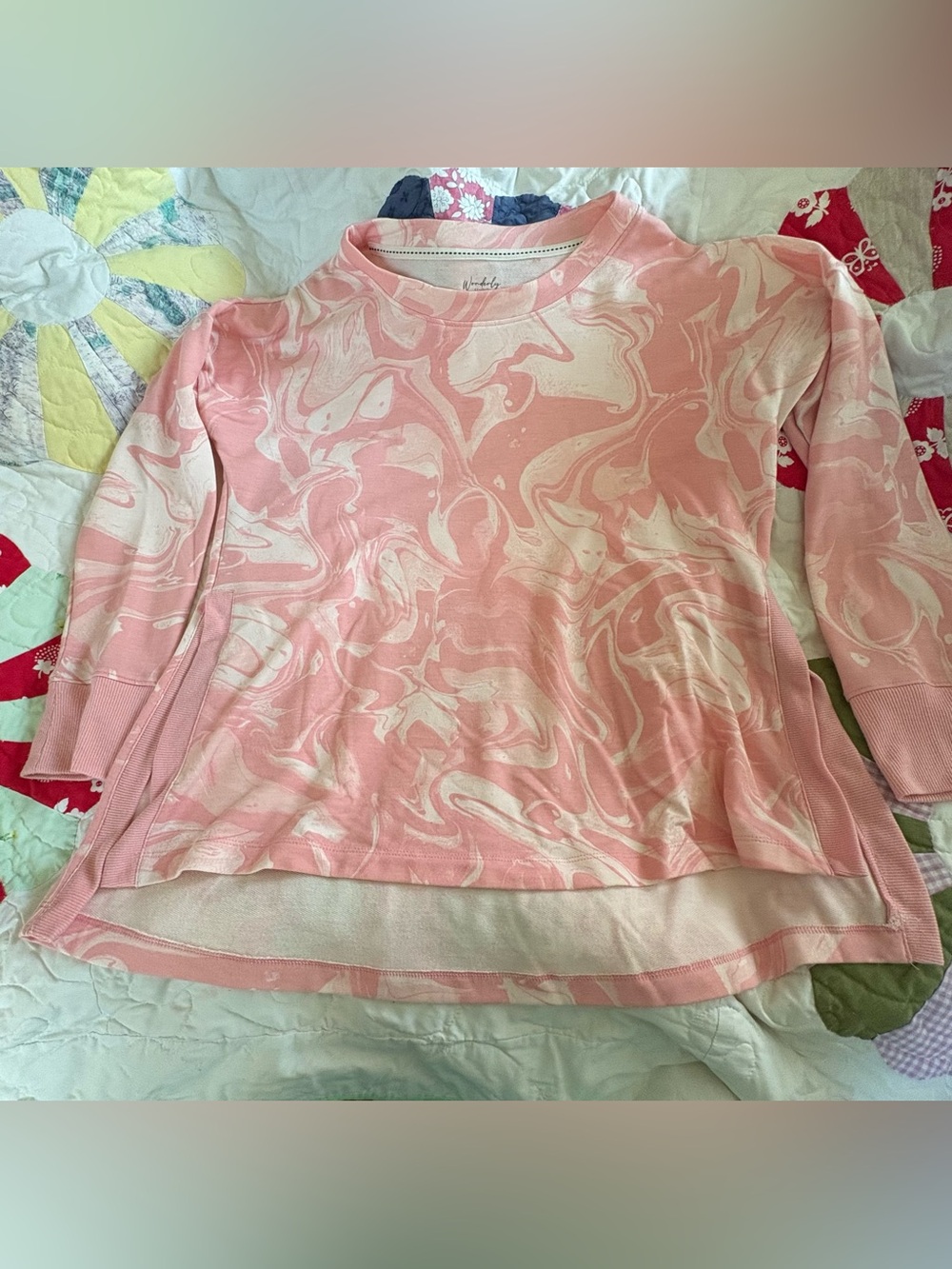 Wonderly Pink Marble-Print Long Sleeve Crewneck Top